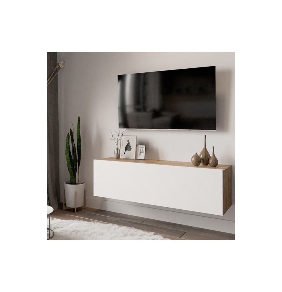 Mueble TV Moderno con Puerta en Melamina Color Blanco y Cambria 100x31.5x29.6cm - Diseño Elegante para Salón.