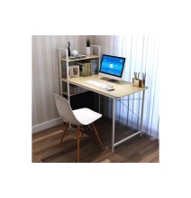 Escritorio  con Estantes - Melamina Natural y Blanco - 120x64x120 cm - Mesa de Trabajo Multifuncional para Oficina y Hogar